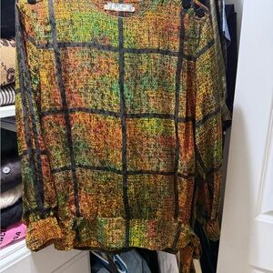 Celine multi colored 100% silk blouse w/ Black triumphs working buttons SZ 46